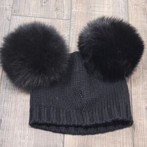 Catya Baby Hat Beanie Wool and Real Fur Pom Bobble Black Luxury Infant Baby Luxe